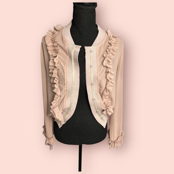 Blush Pink Ruffle Cardigan Small Coquette Angelcore Button Up Long Sleeve - Picture 1 of 5